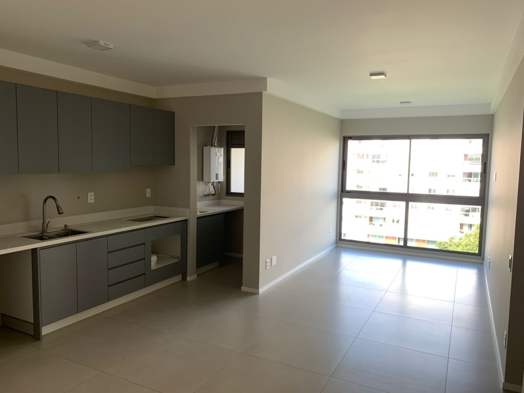 Uma foto em ângulo médio e primeiro plano de uma cozinha compacta e moderna. Apresenta armários planejados na cor cinza escuro fosco (grafite). Há um nicho para forno e gavetas. A bancada é branca de quartzo com uma pia de aço inoxidável embutida e uma torneira curvada. Ao fundo, vê-se a parede cinza claro e a área de serviço integrada com aquecedor a gás e janela.