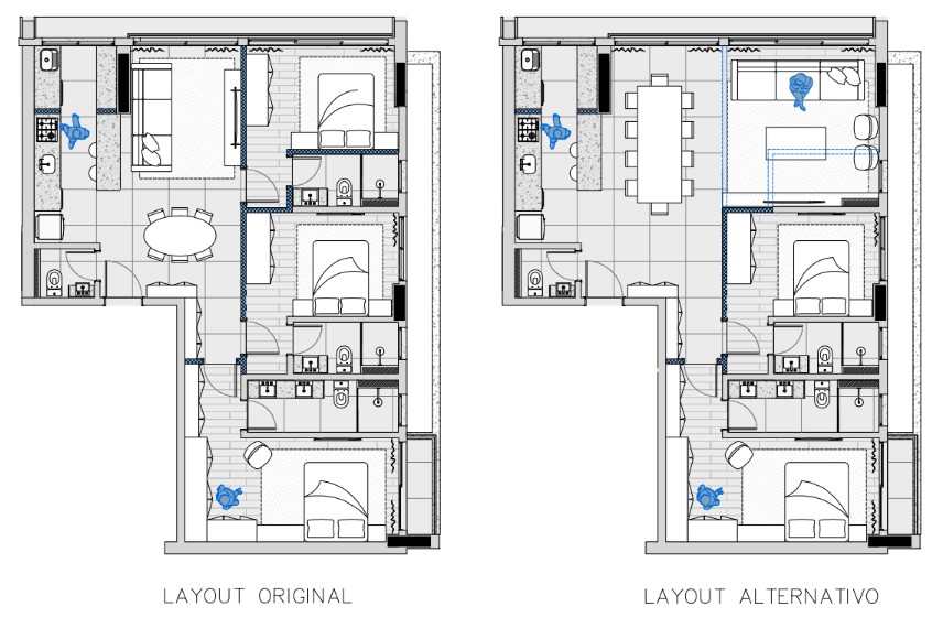 plantas-baixas-flexiveis-drywall-luxo-soul-wkoerich-florianopolis.jpg Esta imagem mostra duas plantas baixas lado a lado. À esquerda, o 'LAYOUT ORIGINAL' com cozinha, sala de jantar e estar integradas e três suítes. À direita, o 'LAYOUT ALTERNATIVO' demonstra a flexibilidade do drywall no Soul WKoerich, onde a sala de estar foi ampliada para o espaço da suíte central, que foi removida, e a mesa de jantar foi rotacionada. Ícones azuis indicam a circulação de pessoas em diferentes pontos.