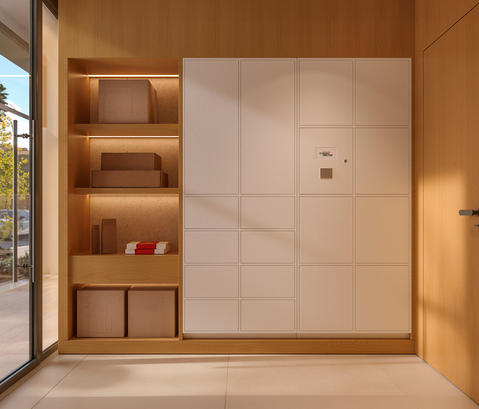 servicos-no-condominio-transformam-sua-rotina-delivery-hub.jpg Armários inteligentes de cor branca integrados a uma estante de madeira clara com prateleiras iluminadas, em um ambiente moderno de recebimento de encomendas.