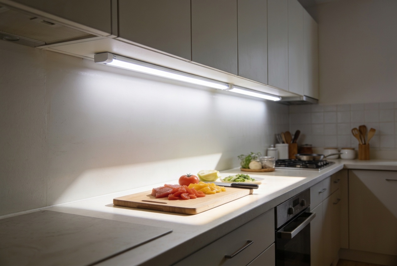 iluminacao-de-bancada-cozinha-semi-profissional.jpg Uma vista em ângulo baixo de uma bancada de cozinha de cor clara com armários superiores. Uma luz de barra LED branca brilhante está embutida sob os armários superiores, iluminando fortemente a área de trabalho. Na bancada há uma tábua de corte de madeira com carne picada e vegetais (tomate e pimenta), e uma tigela de vegetais folhosos. Utensílios de cozinha de madeira e uma panela são visíveis ao fundo.