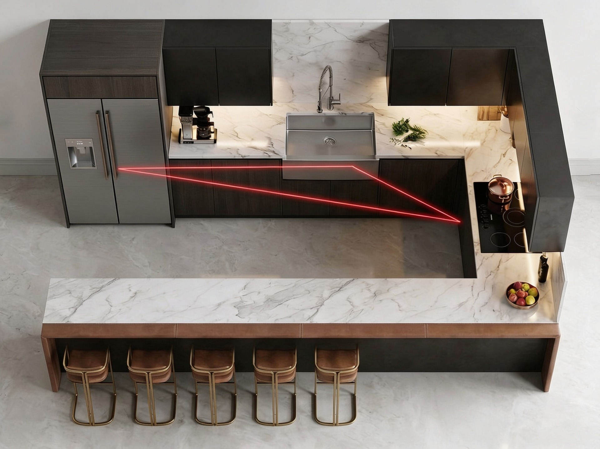 Como montar uma cozinha semi-profissional no seu apartamento Uma vista aérea de cima para baixo de uma cozinha moderna e luxuosa. A cozinha apresenta um layout em forma de U com uma grande ilha central de mármore e cinco bancos de bar. Há armários escuros e de madeira, um refrigerador de aço inoxidável, uma pia de fazenda e uma área de fogão. Um triângulo vermelho brilhante é sobreposto para ilustrar o 'Triângulo de Trabalho' entre a geladeira, a pia e o fogão. A iluminação de acento está presente nos armários e sob a ilha.