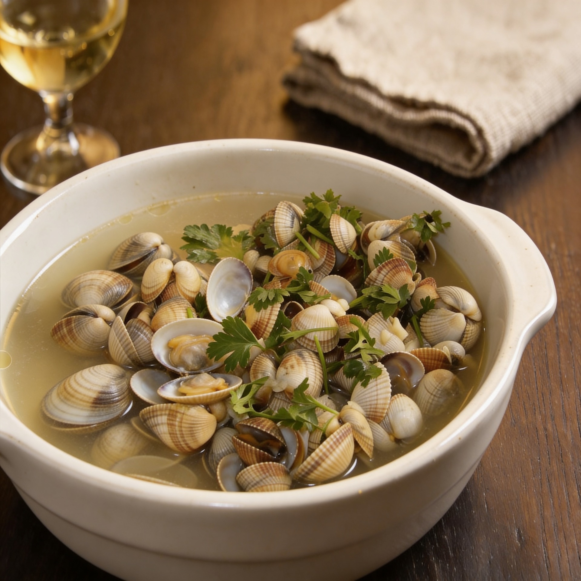 berbigões-em-caldo-com-salsa-e-vinho-branco Prato de cerâmica branca com berbigão (amêijoas pequenas) cozidos em caldo transparente com ervas verdes frescas picadas (salsa), servido em uma mesa de madeira ao lado de uma taça de vinho branco.